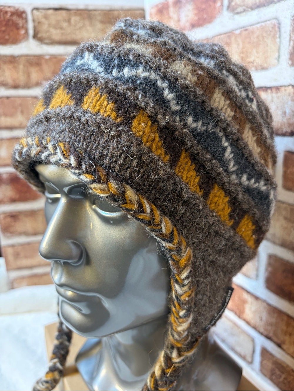 Everest Designs Nepal Wool Earflap Hat Brown Yellow Knit Fleece Lined Boho